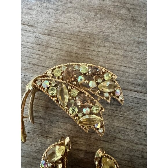 Emmons BOpen Back Rhinestone Lily Flower Brooch Pin Earrings Demi parure - Picture 8 of 10